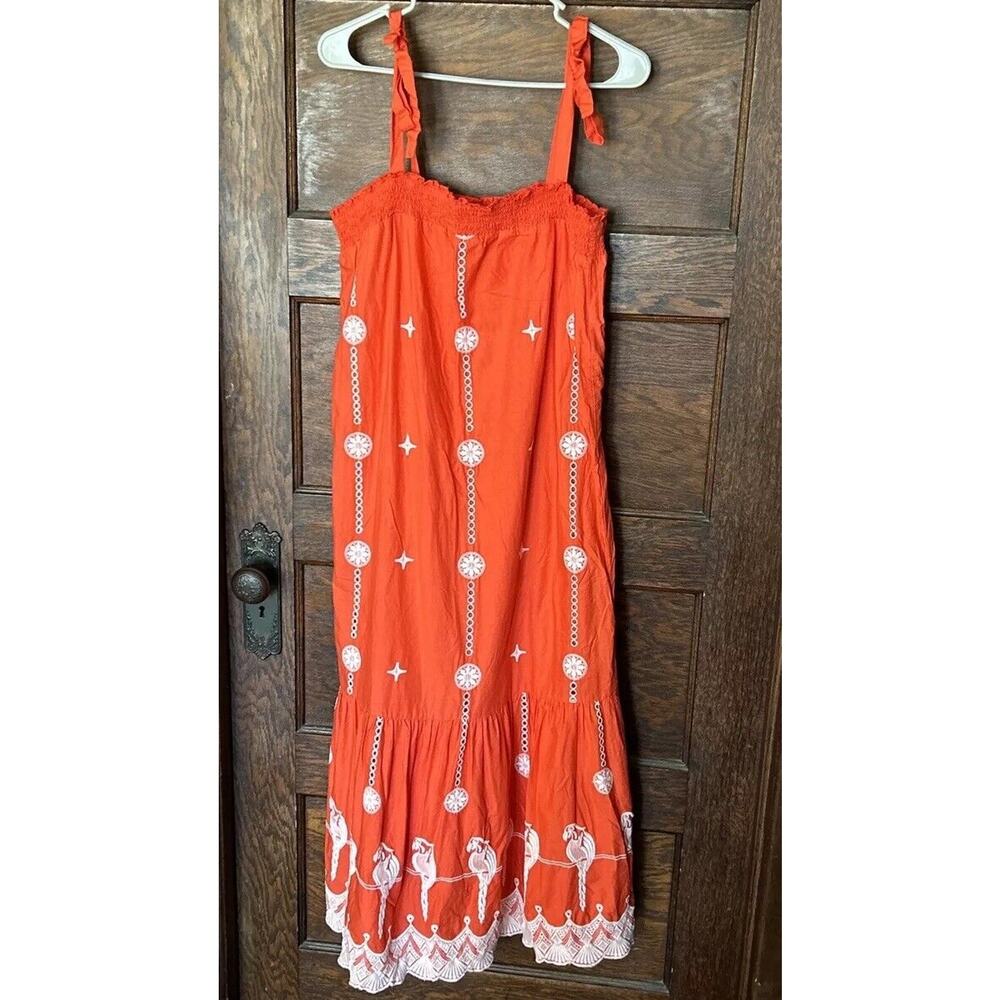 Joie Cleta Red White Salsa Embroidered Parrot Cotton Eyelet Maxi Dress Sz L - Picture 1 of 11
